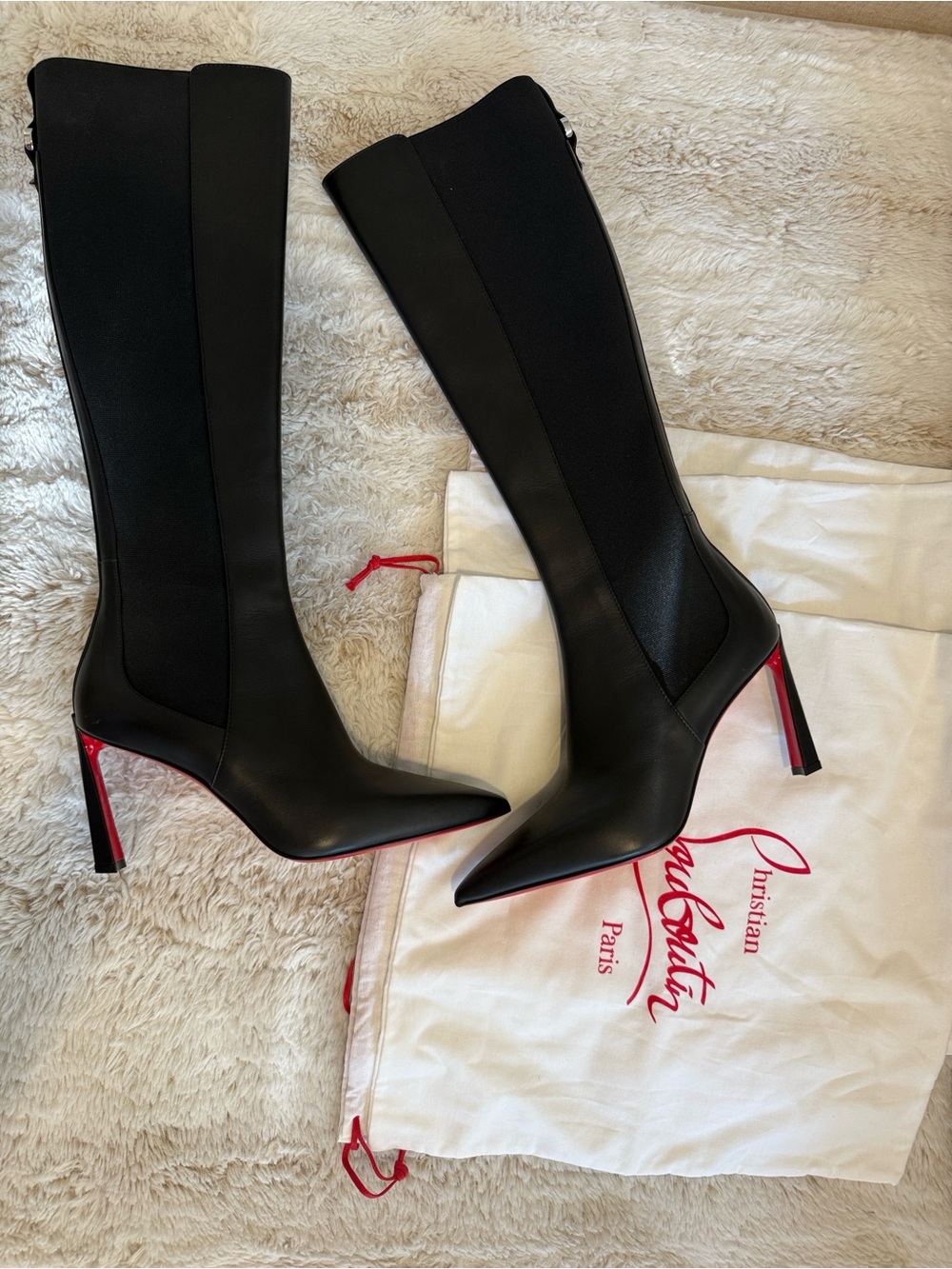 Christian Louboutin Black Knee-High Pointed Toe Stiletto Boots with Red Soles